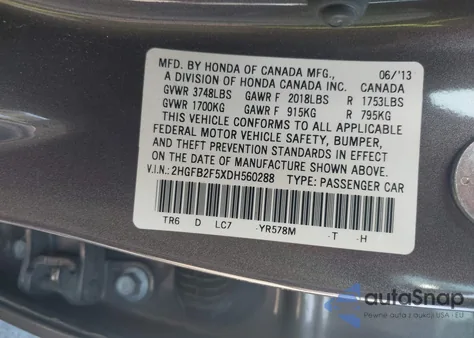 2013 Honda Civic Lx from USA, damaged, VIN 2HGFB2F5XDH560288